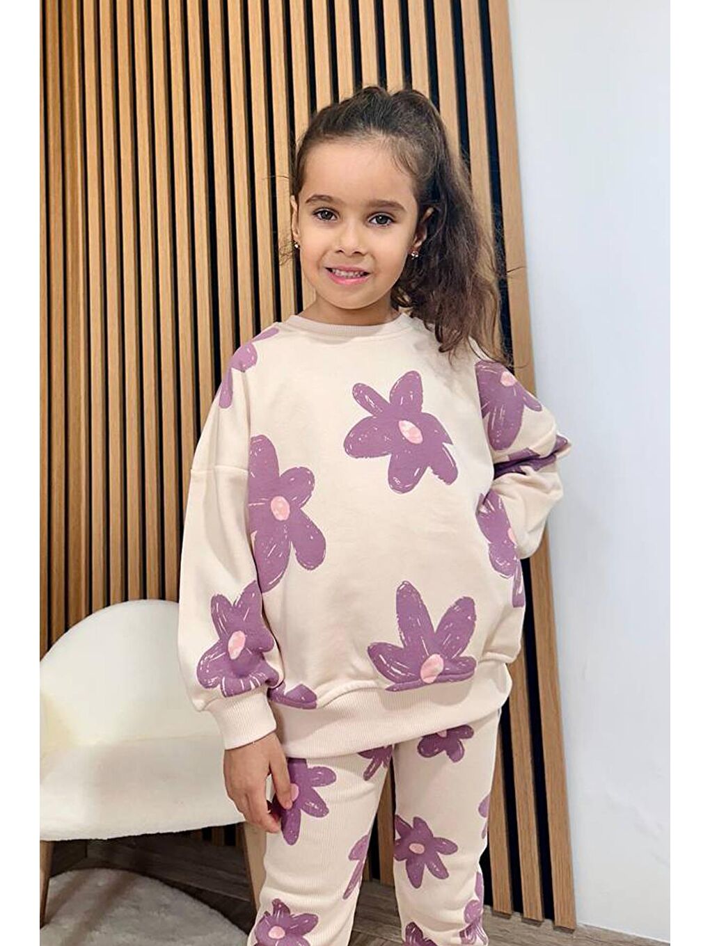 Lacivert Kız Çocuk Baskılı 3 İplik Pamuklu Kumaş Alt Üst Takım-1