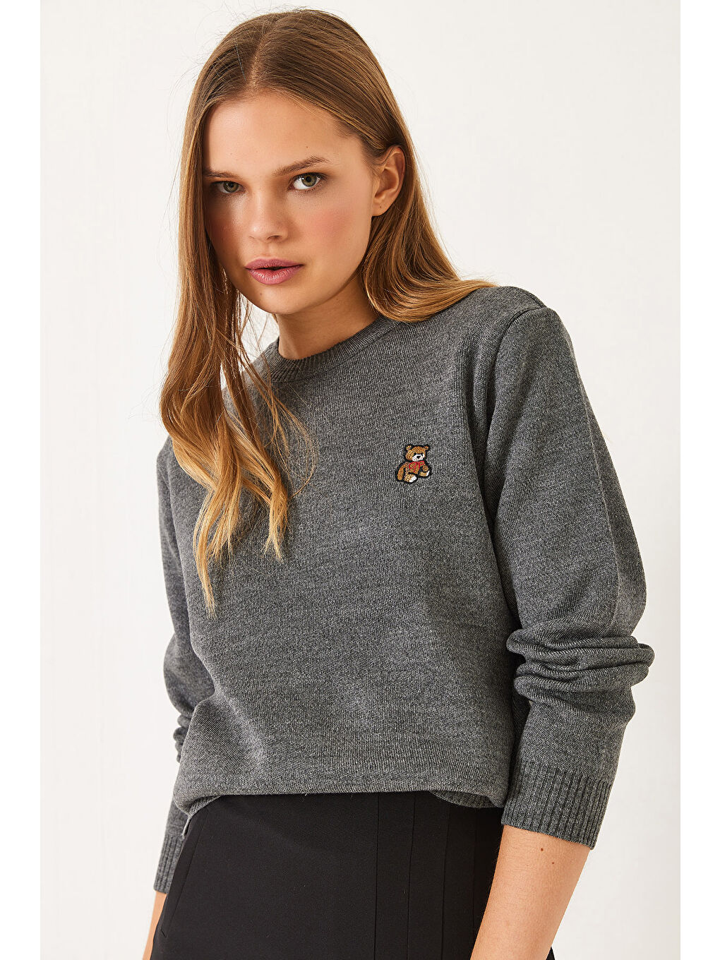 Antrasit KadınTeddy Nakışlı Basic Kazak-2