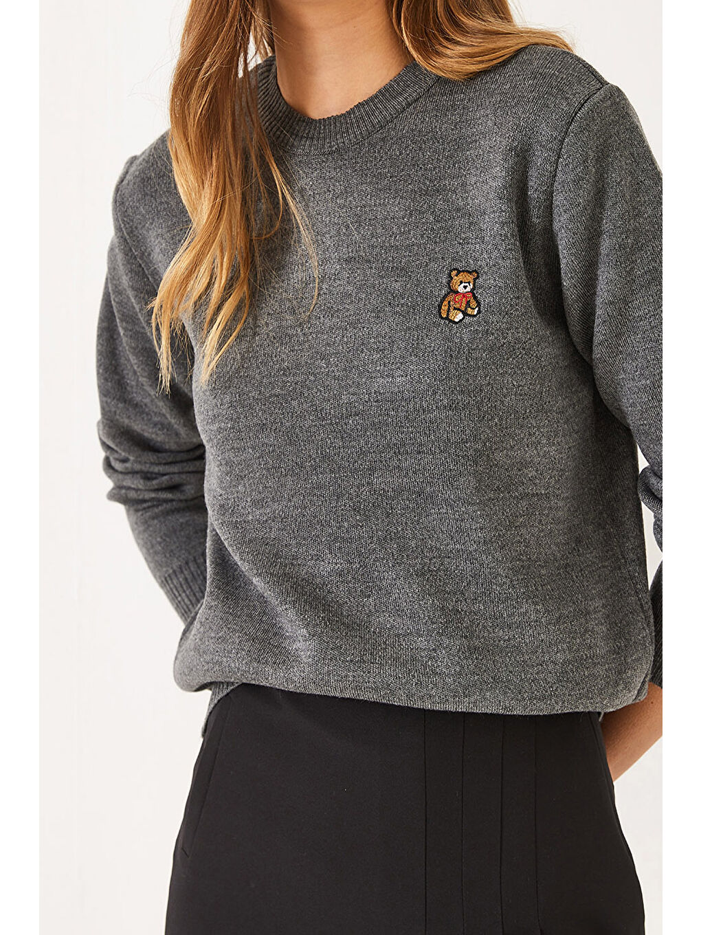 Antrasit KadınTeddy Nakışlı Basic Kazak-3