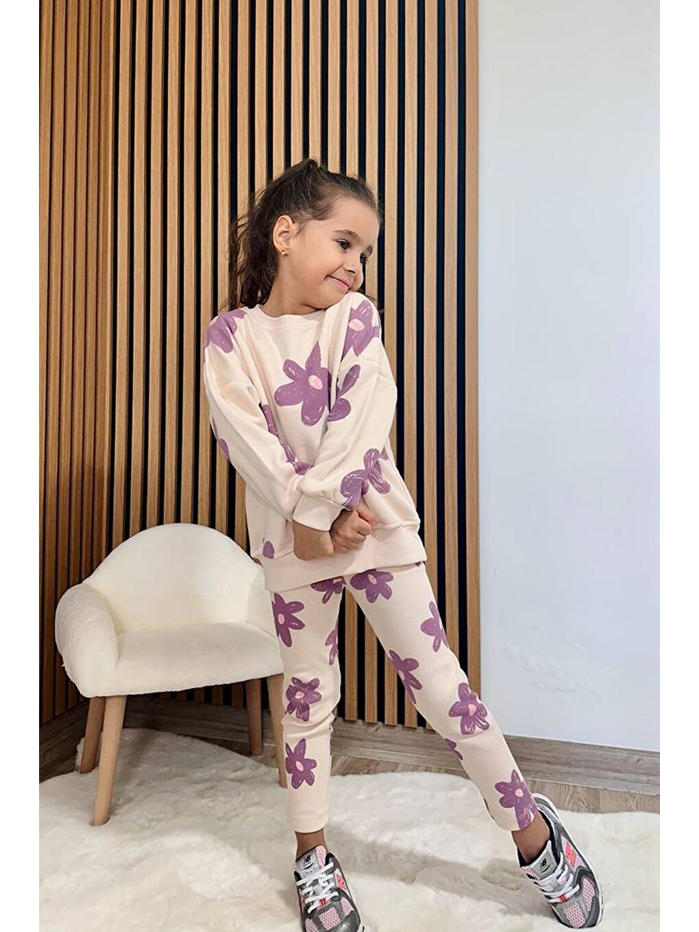 Lacivert Kız Çocuk Baskılı 3 İplik Pamuklu Kumaş Alt Üst Takım-3