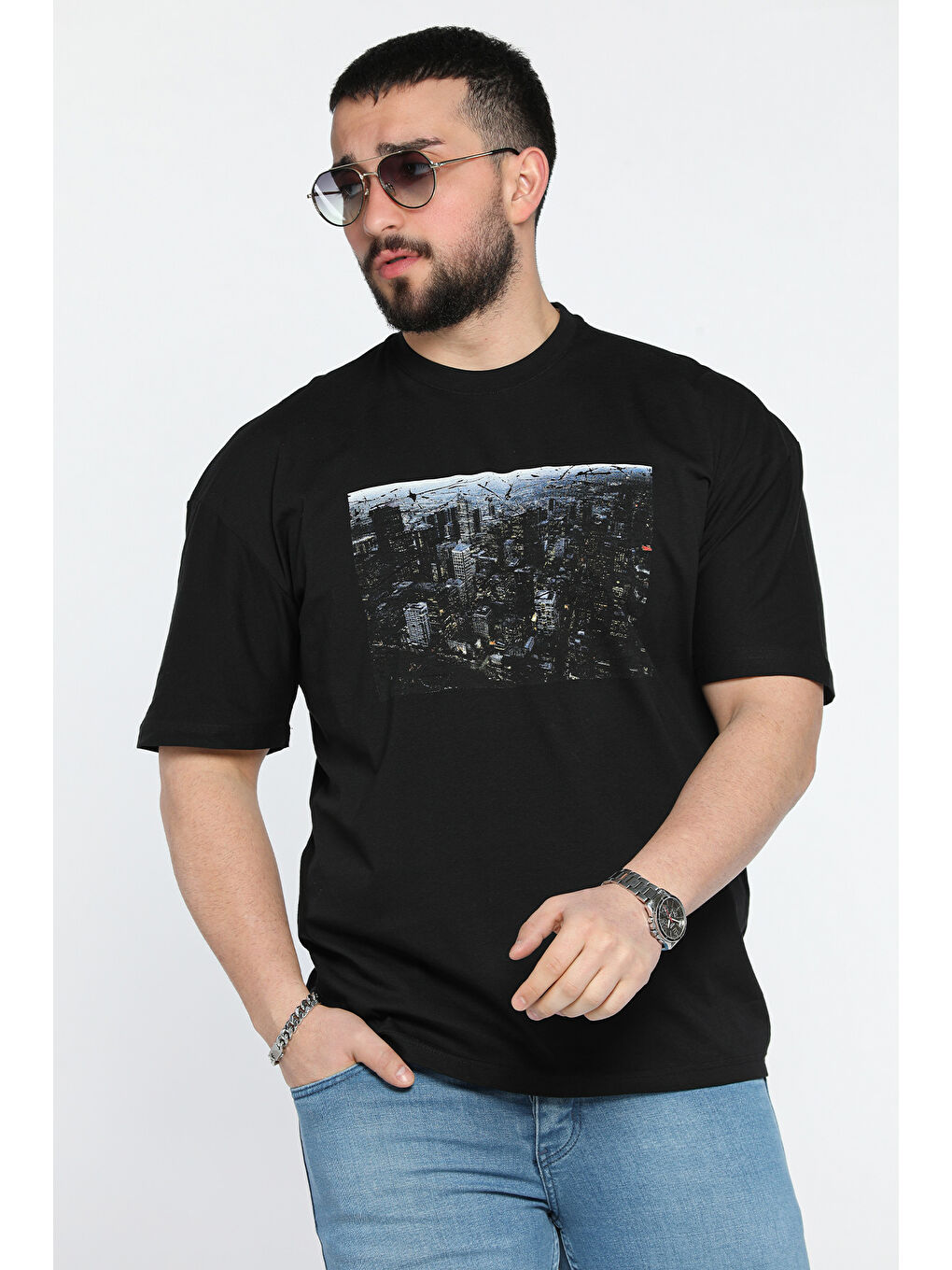 Siyah Erkek Bisiklet Yaka Baskılı Oversize Tişört