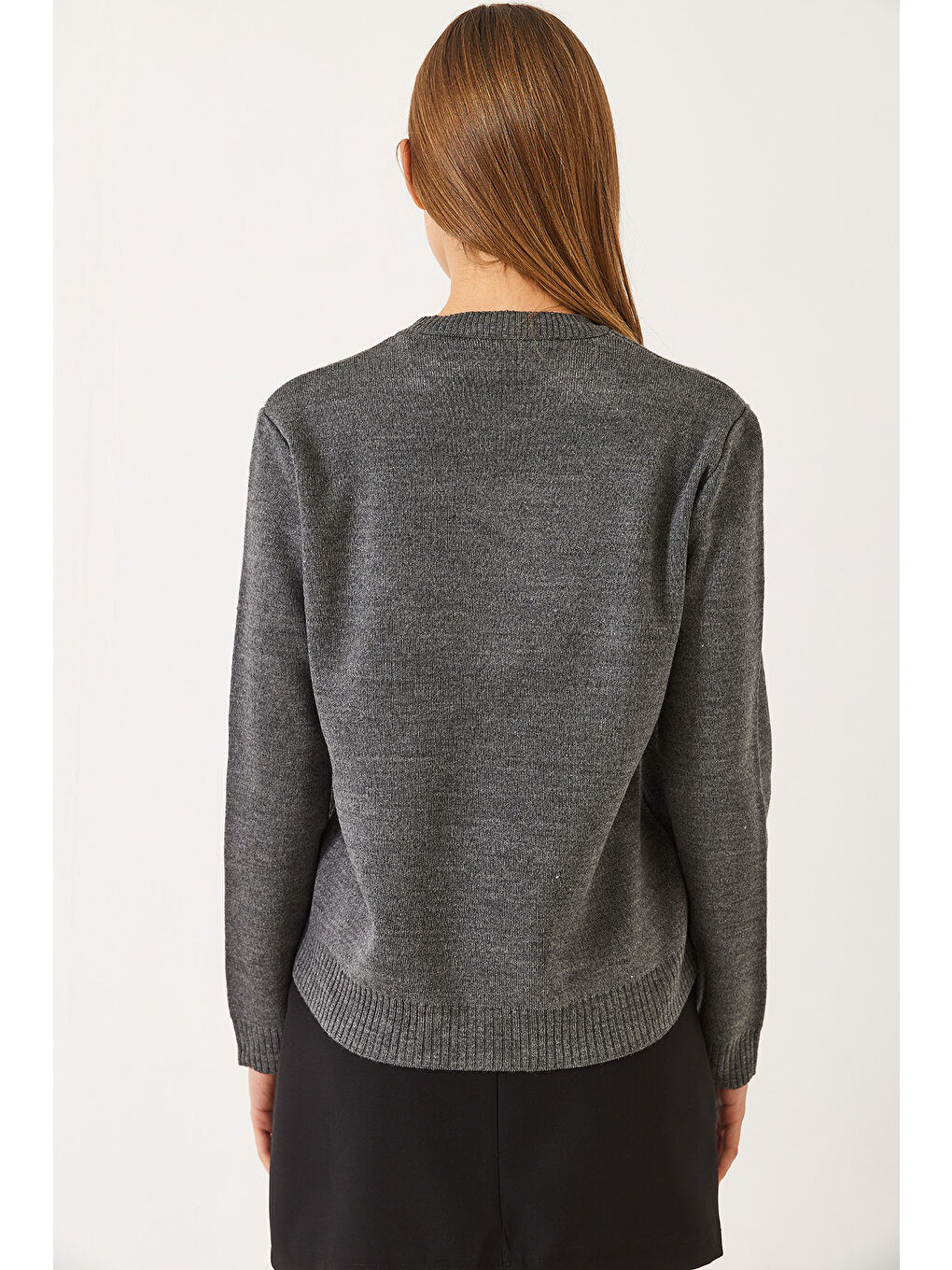 Antrasit KadınTeddy Nakışlı Basic Kazak-5