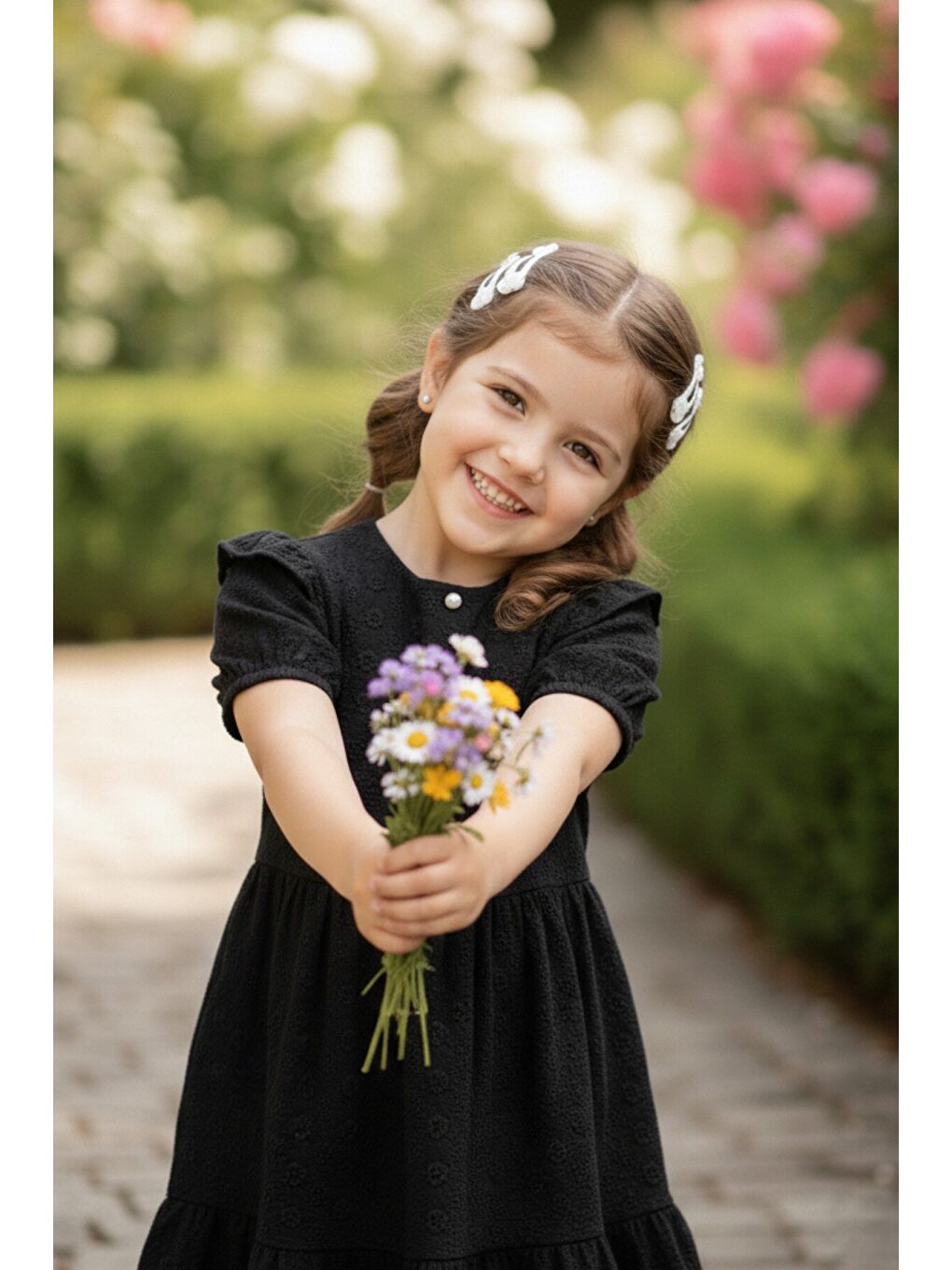 Kız Çocuk Siyah Fisto Kumaş Düğmeli Yazlık Elbise 12529-1