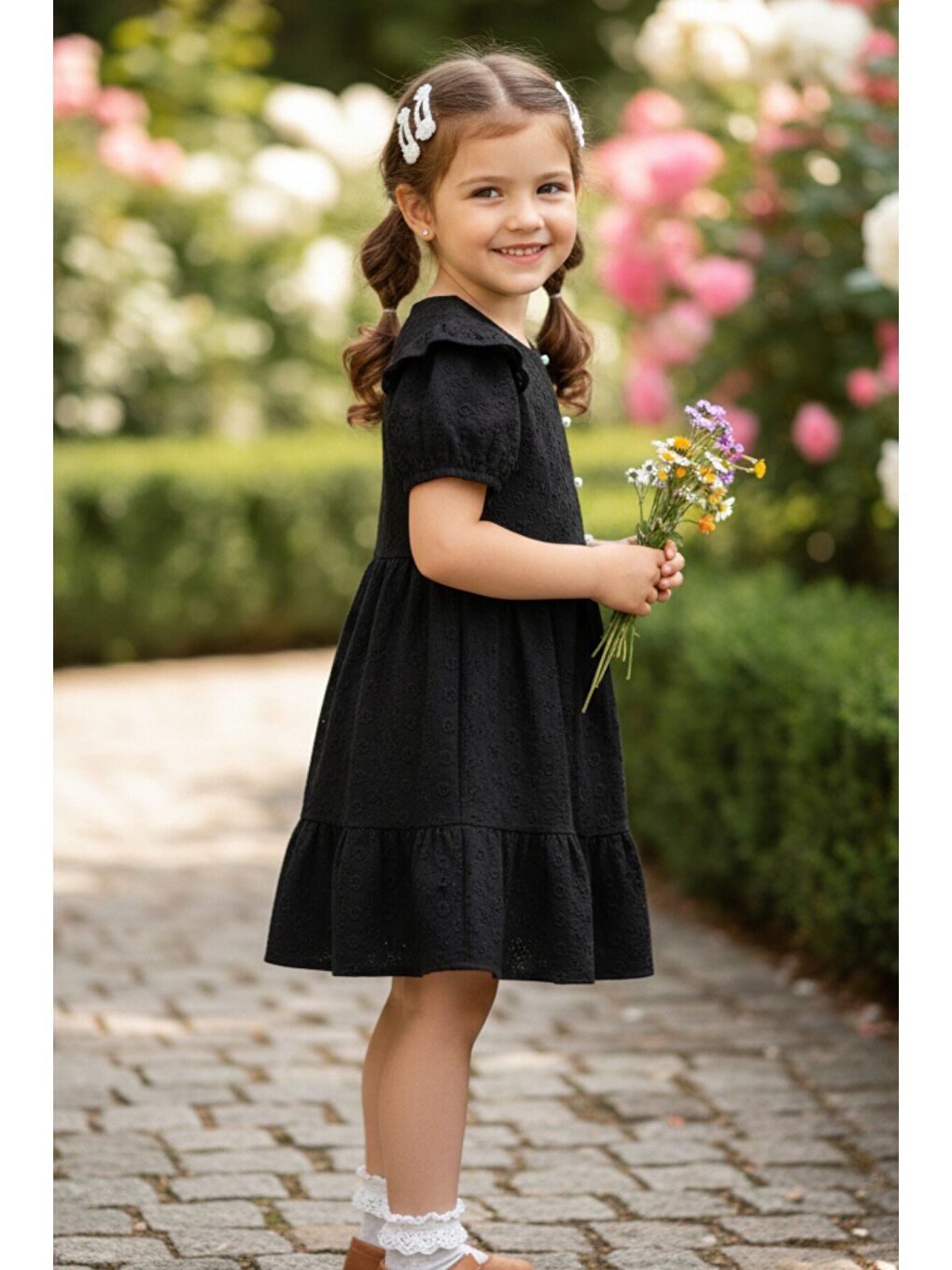 Kız Çocuk Siyah Fisto Kumaş Düğmeli Yazlık Elbise 12529-2