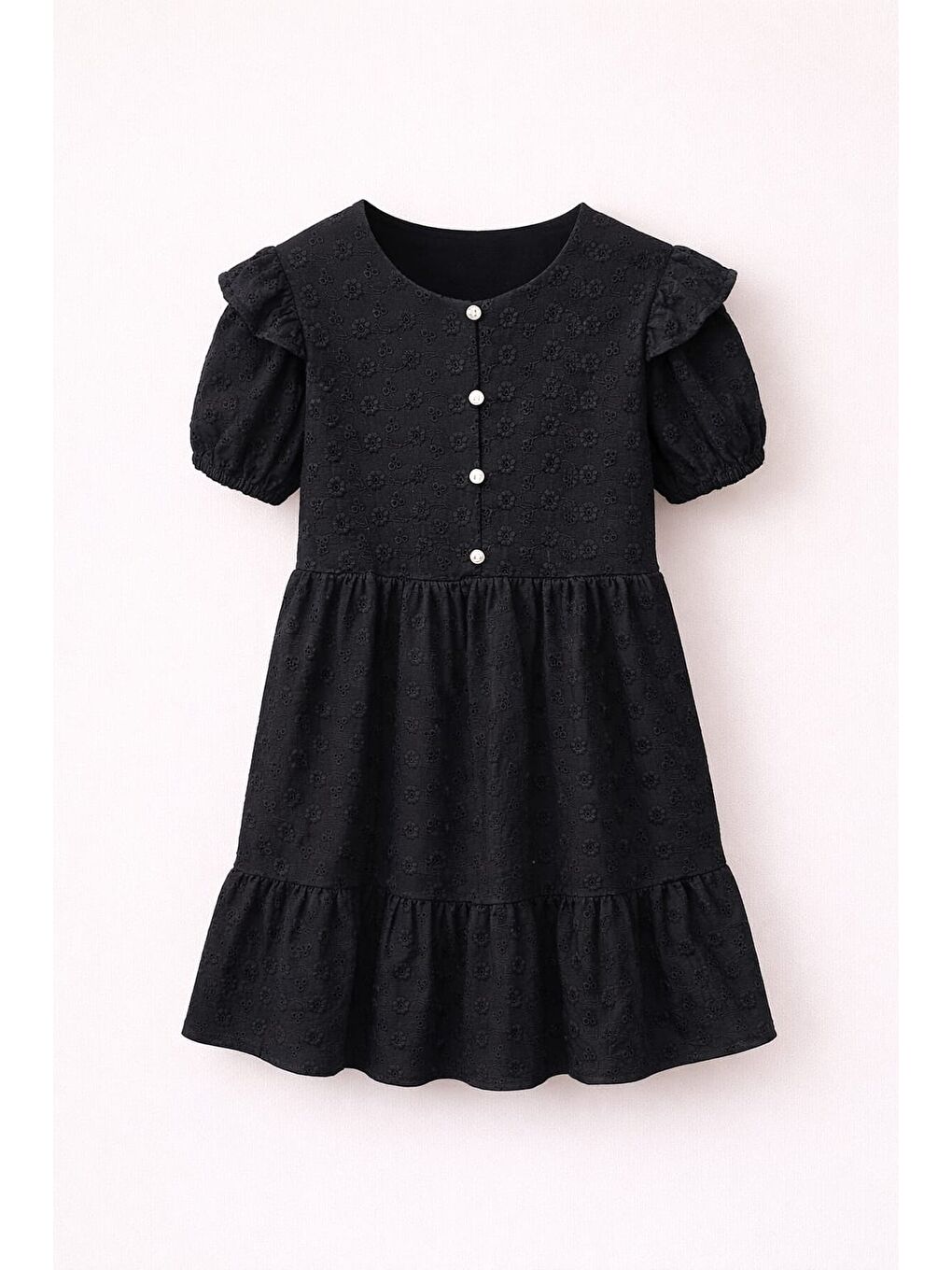 Kız Çocuk Siyah Fisto Kumaş Düğmeli Yazlık Elbise 12529-3