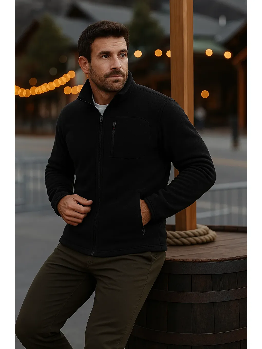 Erkek Fermuarlı Kalın Kışlık Trend Siyah Polar Ceket-1