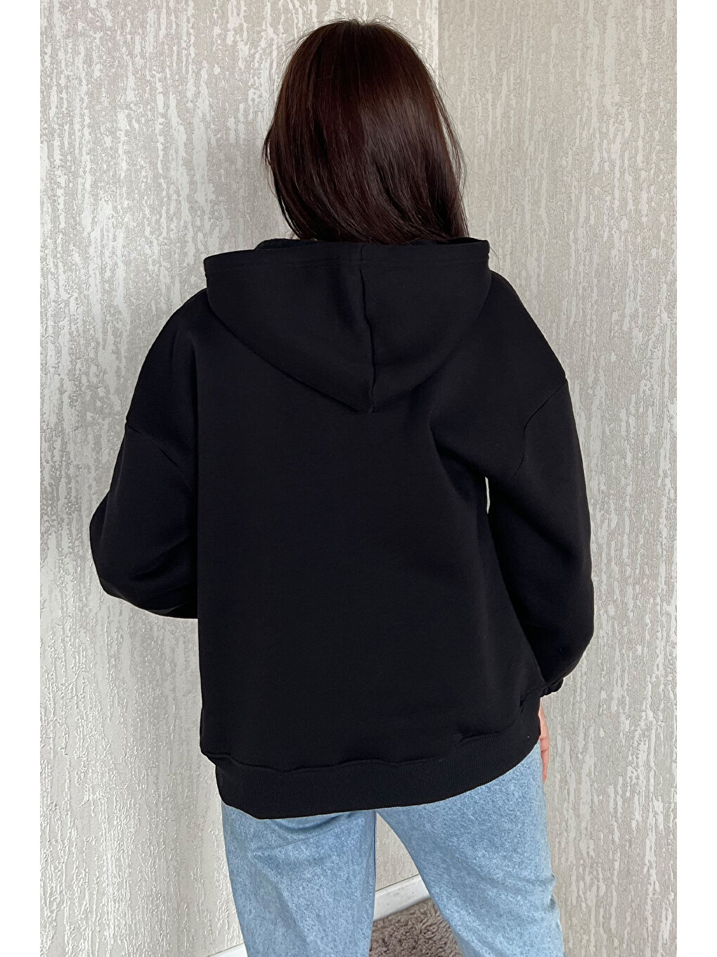 Siyah Kadın Şardonlu Kanguru Cepli Düğme Detaylı Sweatshirt-3