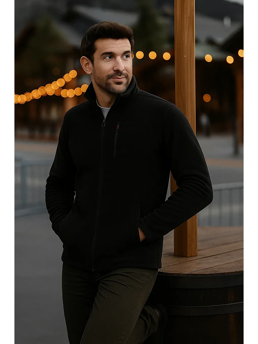 Erkek Fermuarlı Kalın Kışlık Trend Siyah Polar Ceket-2