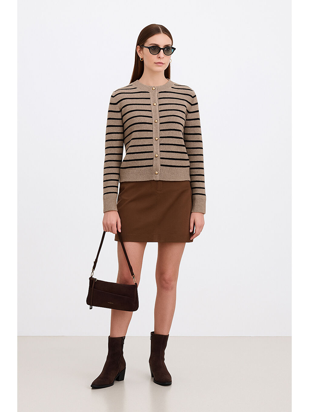 Bej Regular Fit Düğmeli Çizgili Kadın Hırka 25K0288K1-1