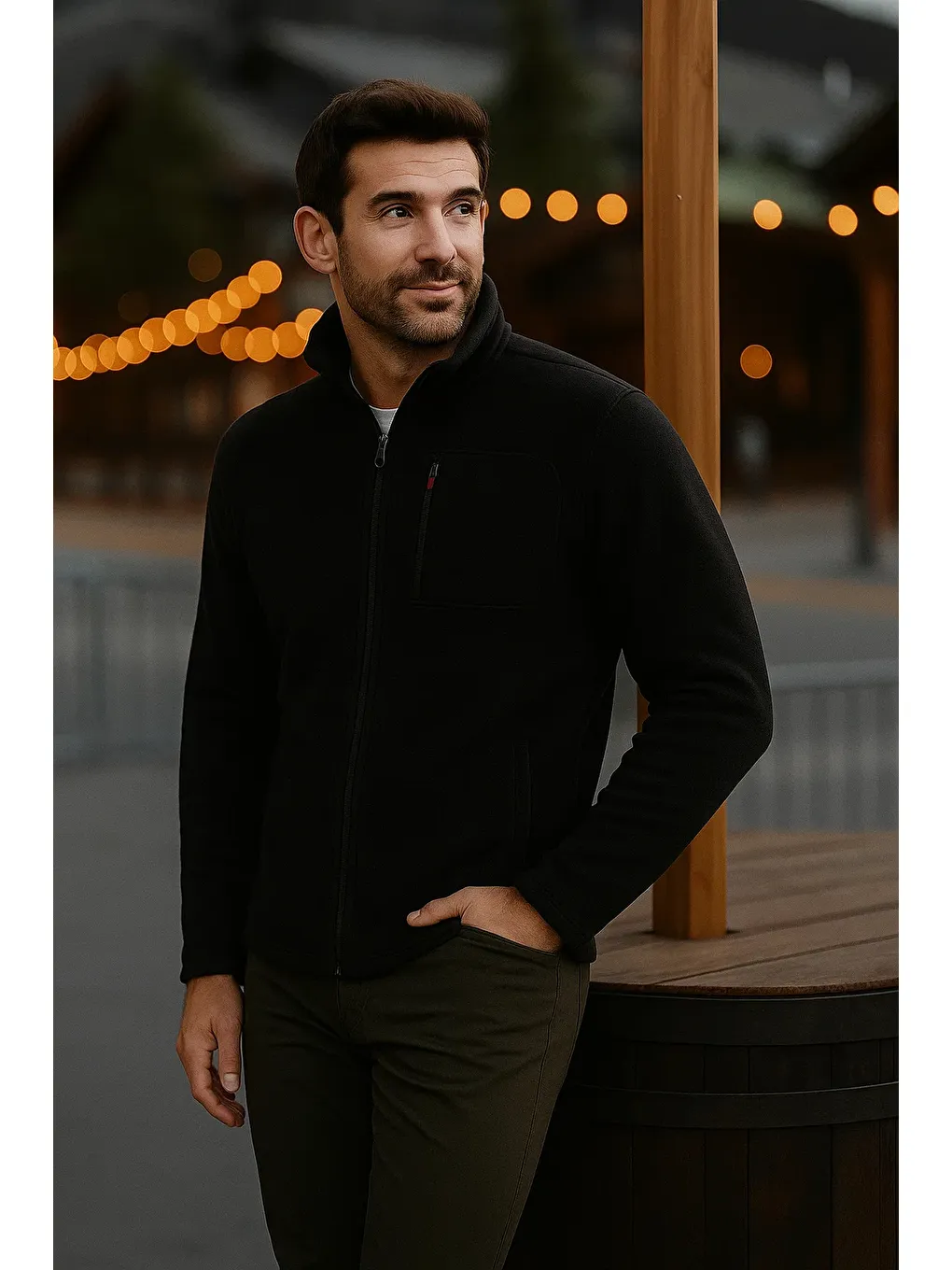 Erkek Fermuarlı Kalın Kışlık Trend Siyah Polar Ceket-3