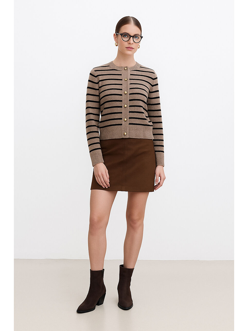 Bej Regular Fit Düğmeli Çizgili Kadın Hırka 25K0288K1-2