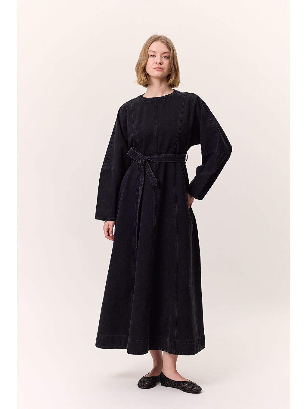 Geniş Kol Kemerli Denım Elbise Siyah-1