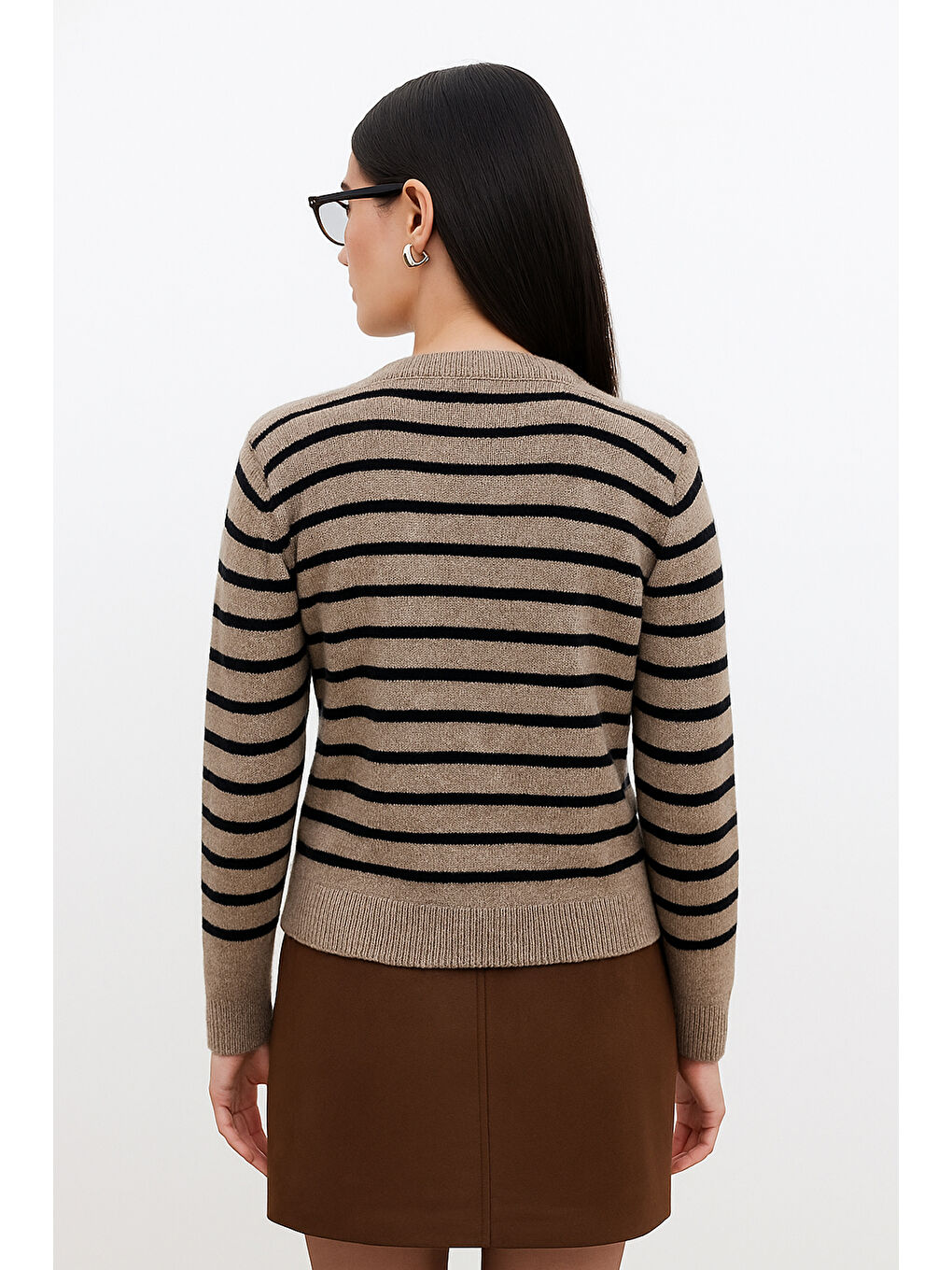 Bej Regular Fit Düğmeli Çizgili Kadın Hırka 25K0288K1-3