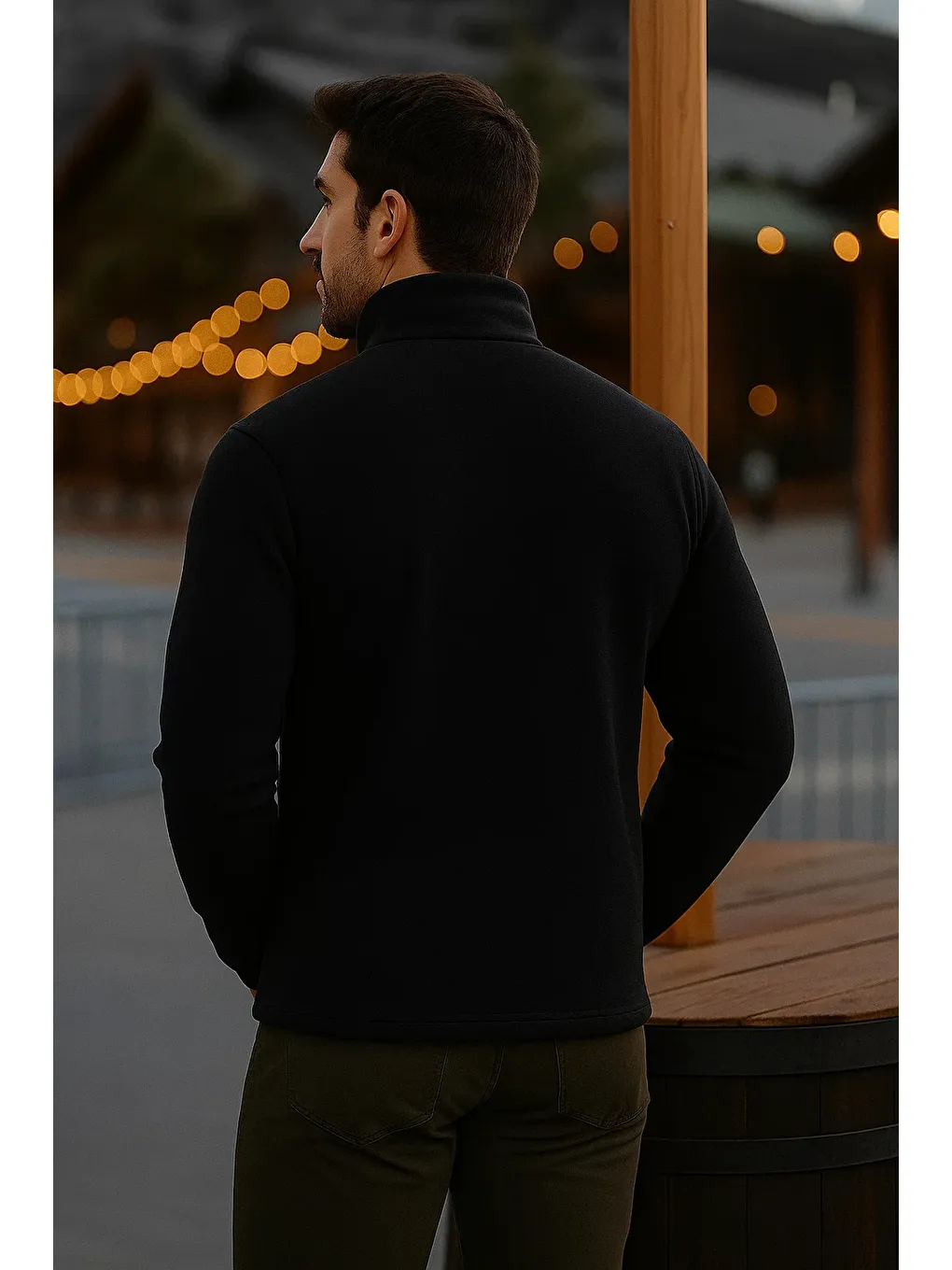 Erkek Fermuarlı Kalın Kışlık Trend Siyah Polar Ceket-5