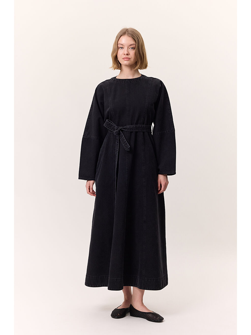 Geniş Kol Kemerli Denım Elbise Siyah-2