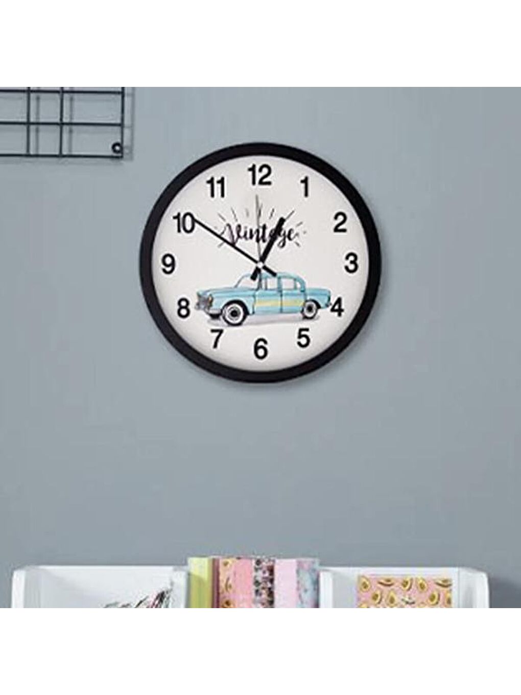 Vintage Araba Desenli Çocuk Odası Duvar Saati - Siyah - 30 cm
