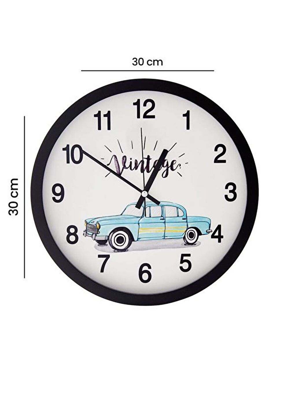 Vintage Araba Desenli Çocuk Odası Duvar Saati - Siyah - 30 cm-5