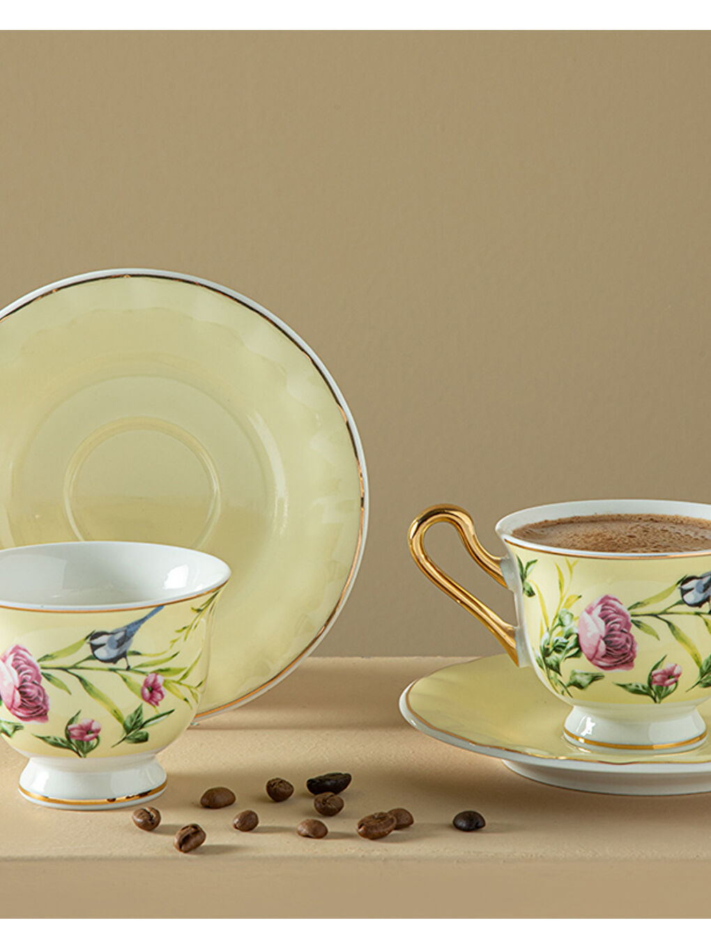 Vanilla New Bone China 4 Parça 2 Kişilik Kahve Fincan Takımı Açık Sarı