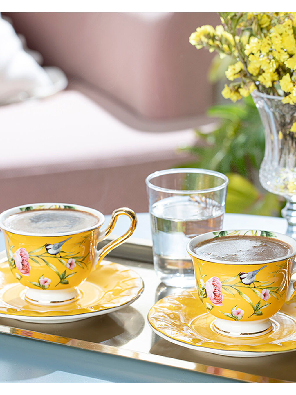 Vanilla New Bone China 4 Parça 2 Kişilik Kahve Fincan Takımı Sarı-1