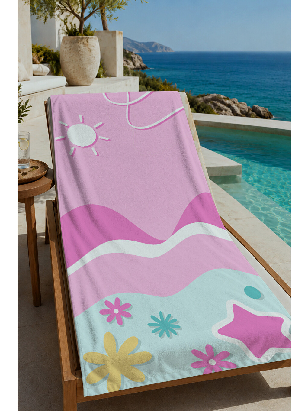 Pastel Pembe Soyut Dalga Ve Deniz Motifli 70x150 Cm Dijital Baskılı Plaj Ve Banyo Havlusu