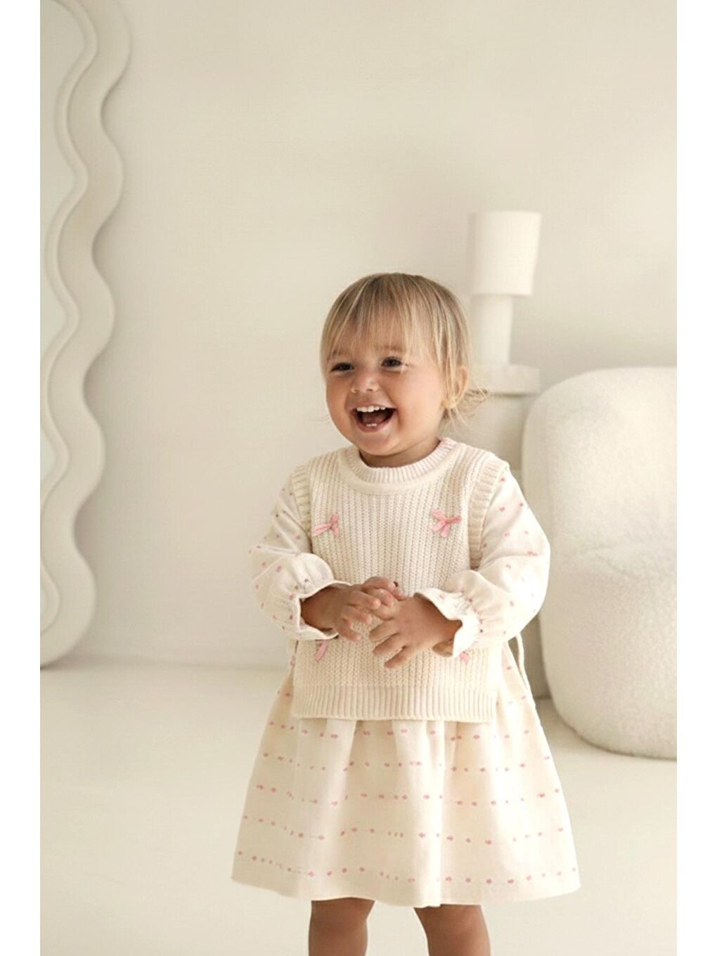 Lila Kız Çocuk Pamuklu Puantiye Desenli Elbise - Triko Yelek Detaylı, Fiyonk Aplikeli