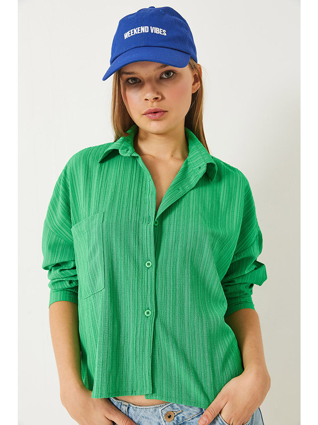 Yeşil Kadın Tek Cepli Uzun Kollu Rahat Gömlek-1
