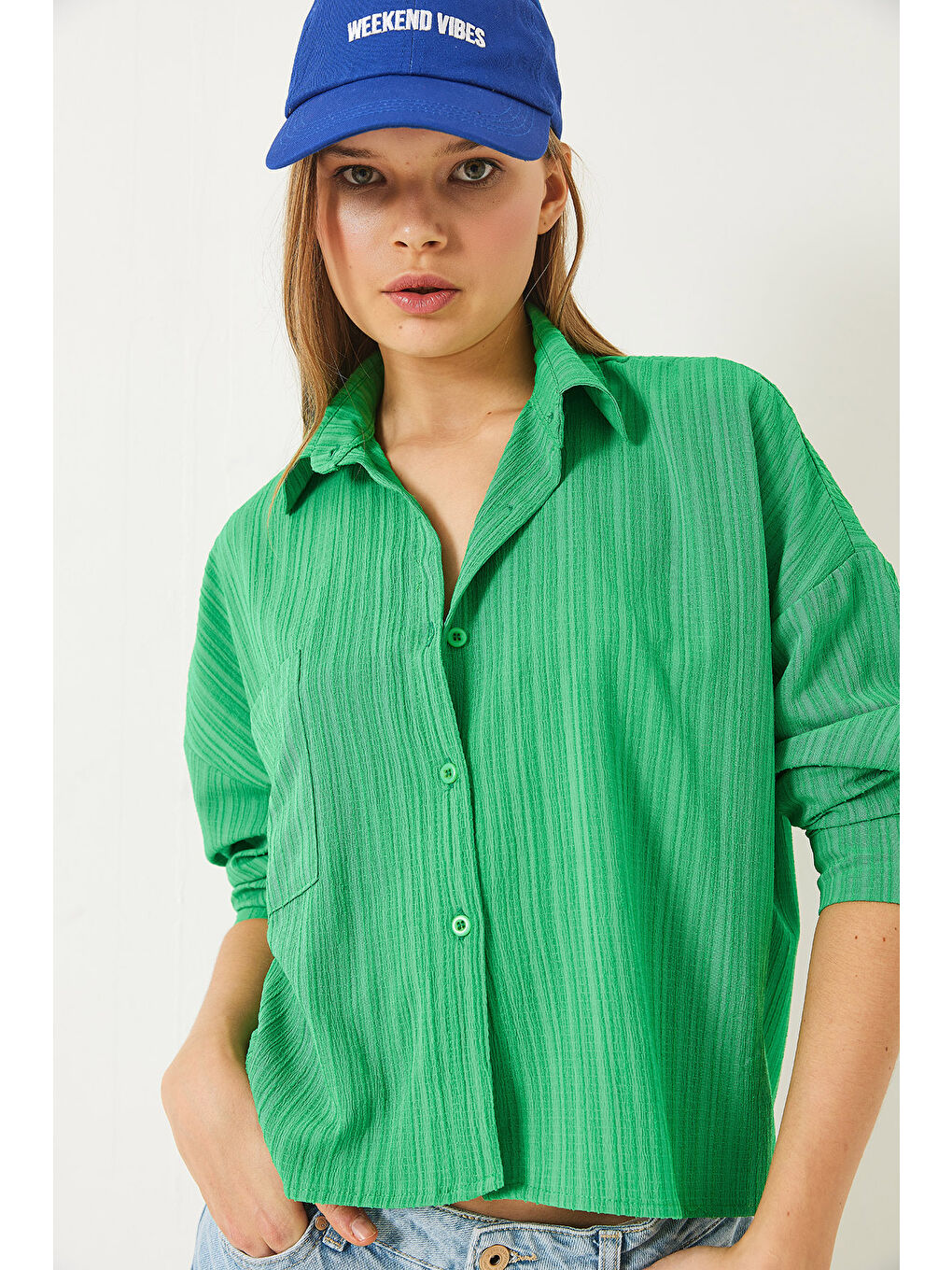 Yeşil Kadın Tek Cepli Uzun Kollu Rahat Gömlek-2