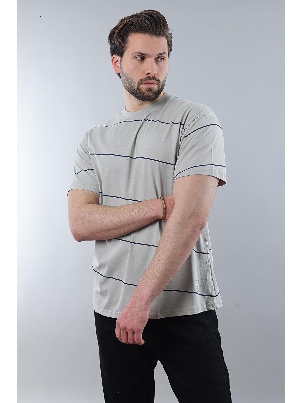 Boyalı Gri Bisiklet Yaka Basic Çizgili Erkek Tişört E7102-1