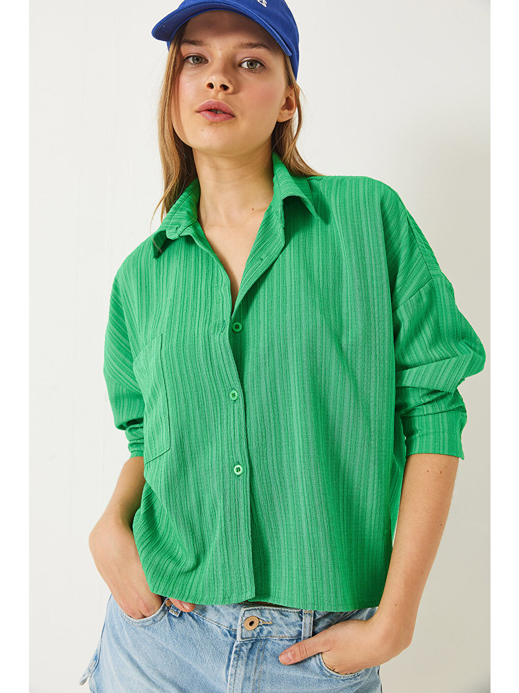 Yeşil Kadın Tek Cepli Uzun Kollu Rahat Gömlek-3