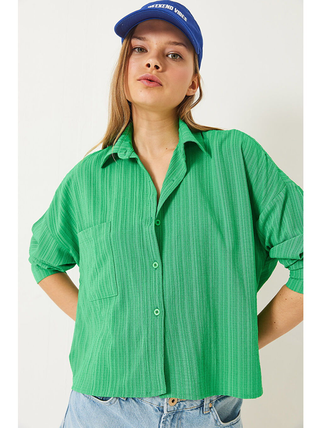 Yeşil Kadın Tek Cepli Uzun Kollu Rahat Gömlek-4