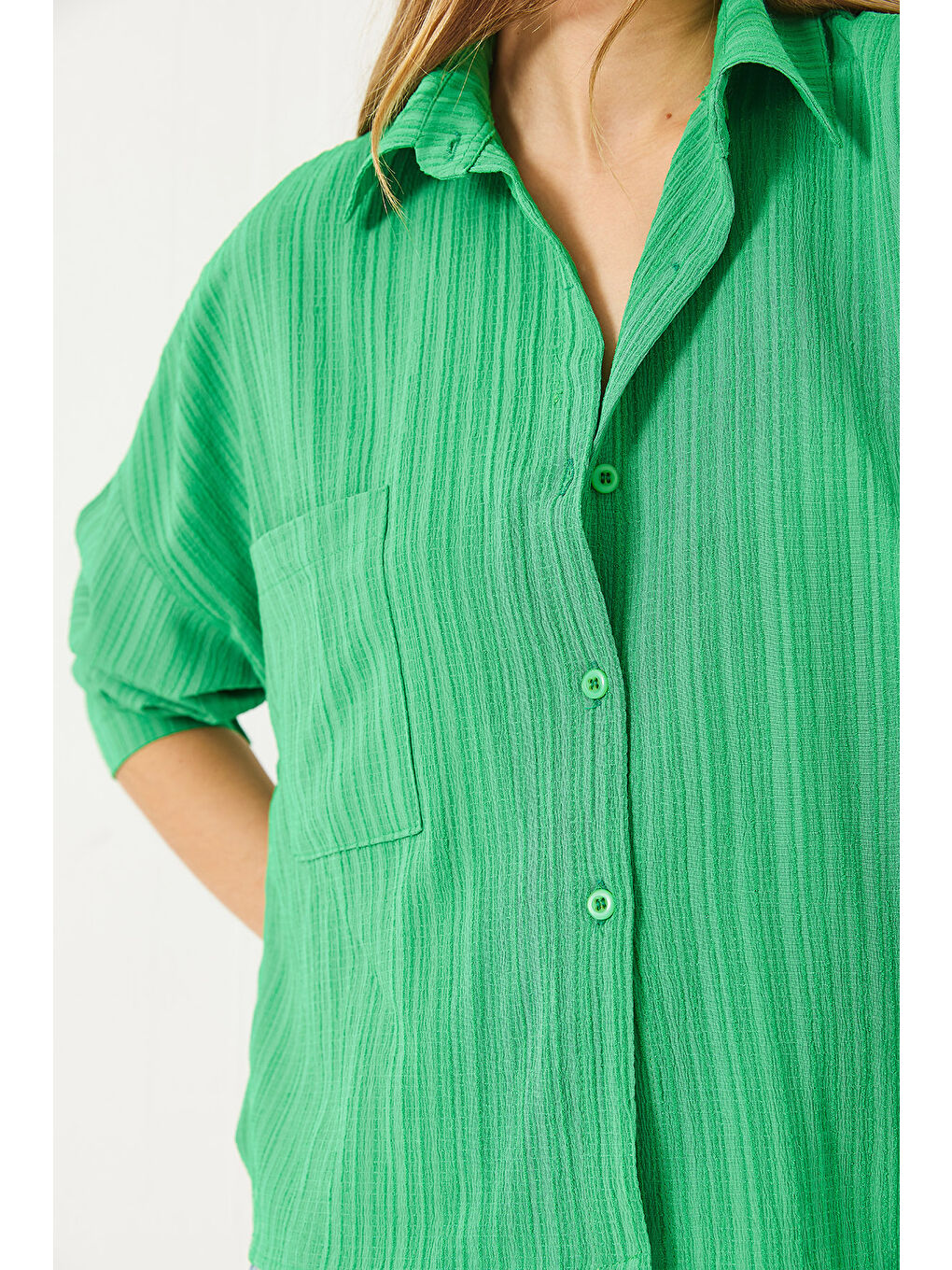 Yeşil Kadın Tek Cepli Uzun Kollu Rahat Gömlek-5