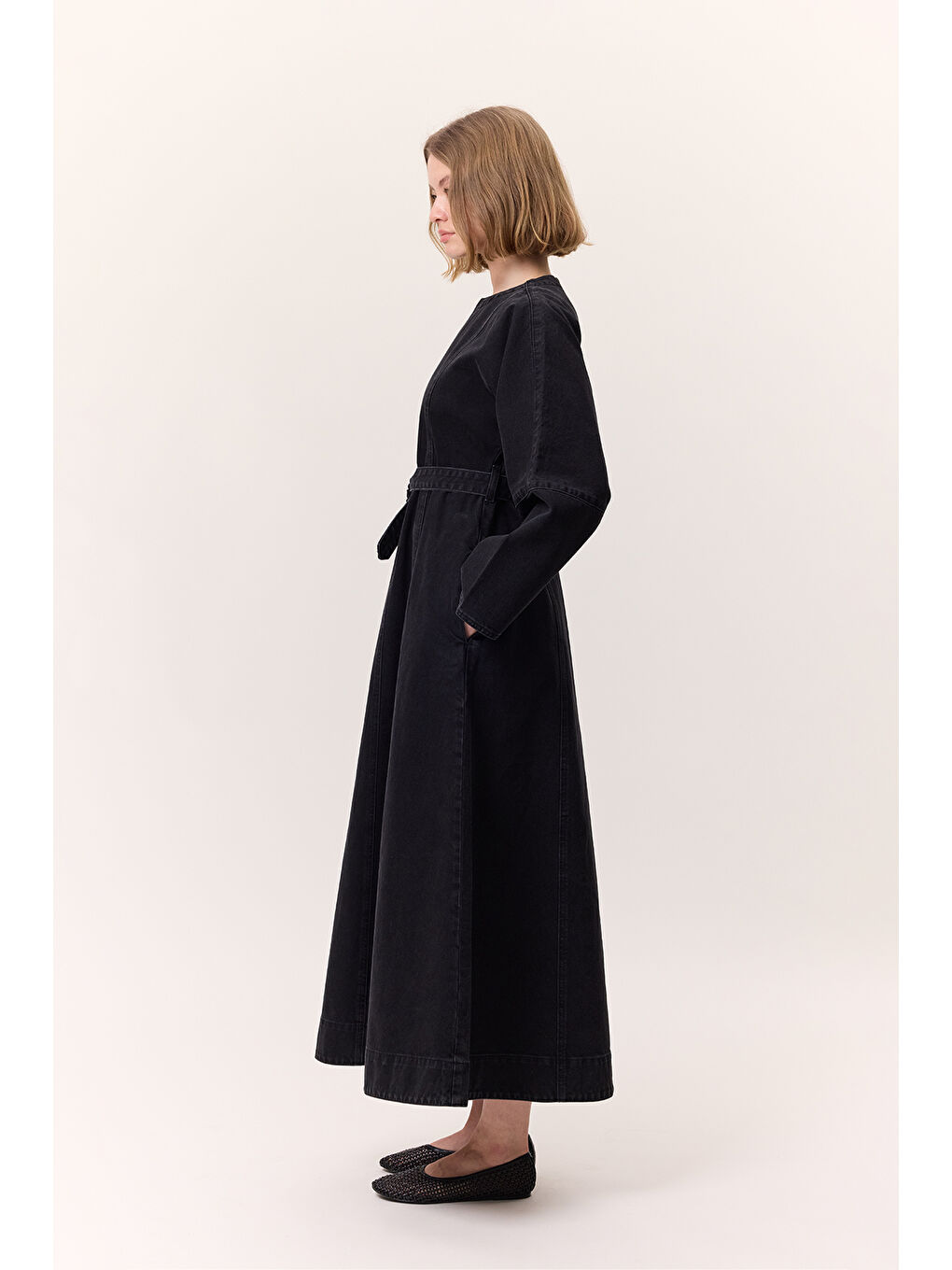 Geniş Kol Kemerli Denım Elbise Siyah-4
