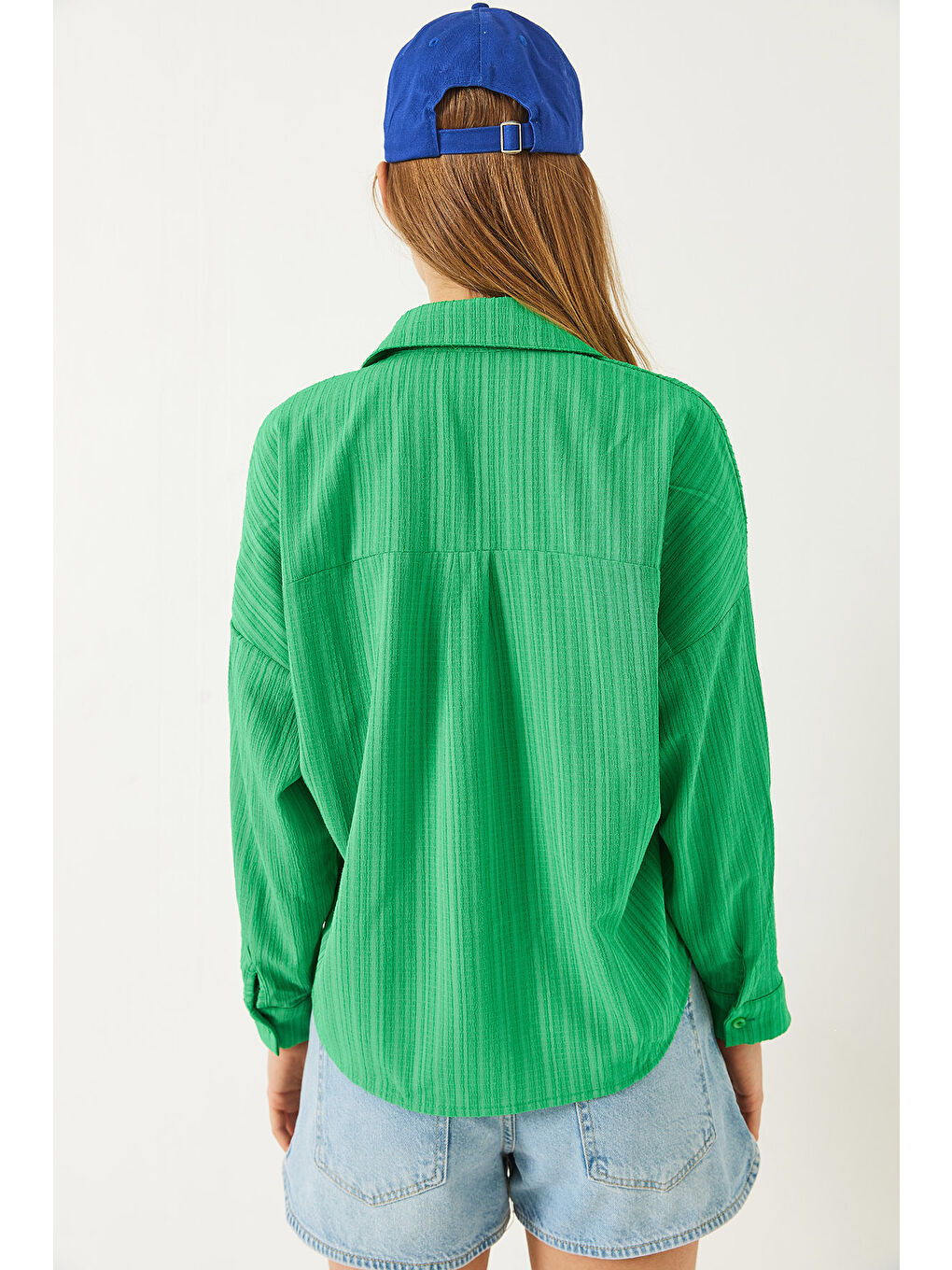 Yeşil Kadın Tek Cepli Uzun Kollu Rahat Gömlek-6