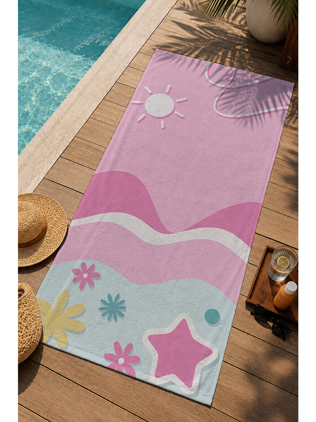 Pastel Pembe Soyut Dalga Ve Deniz Motifli 70x150 Cm Dijital Baskılı Plaj Ve Banyo Havlusu-2