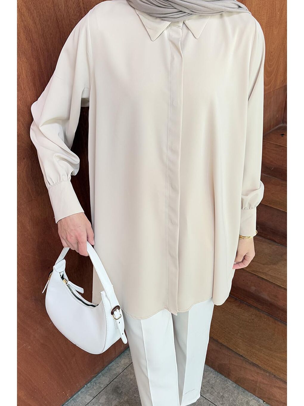 Bej Gizli Düğme Detaylı Tesettür Tunik Taş-2