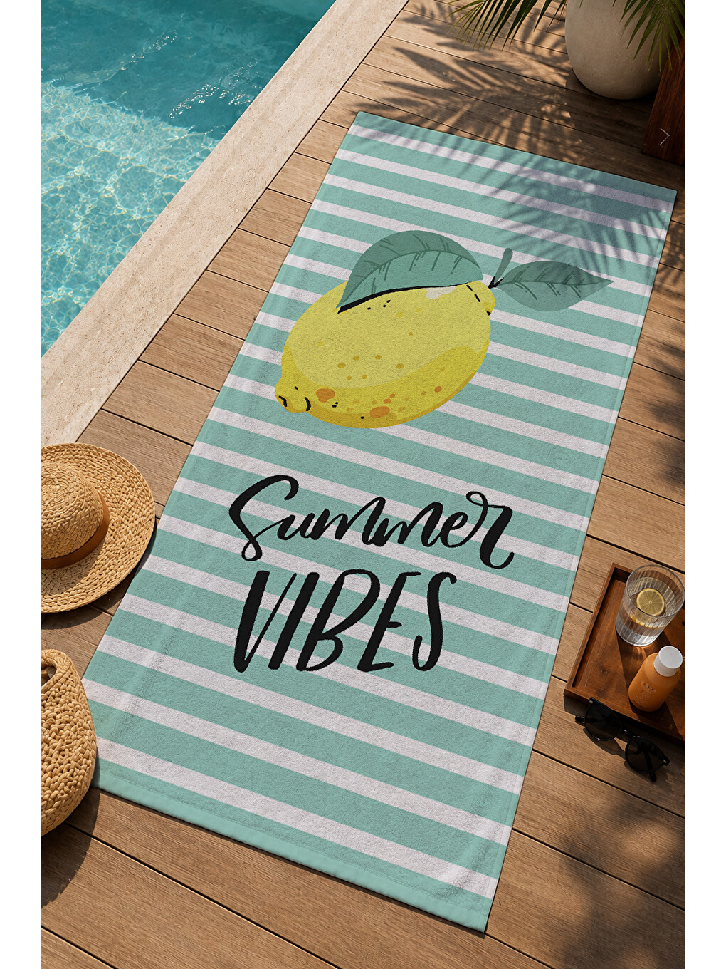 Yeşil Mint Ekose Limon Summer Vibes Yazılı 70x150 Cm Dijital Baskılı Plaj Ve Banyo Havlusu-2
