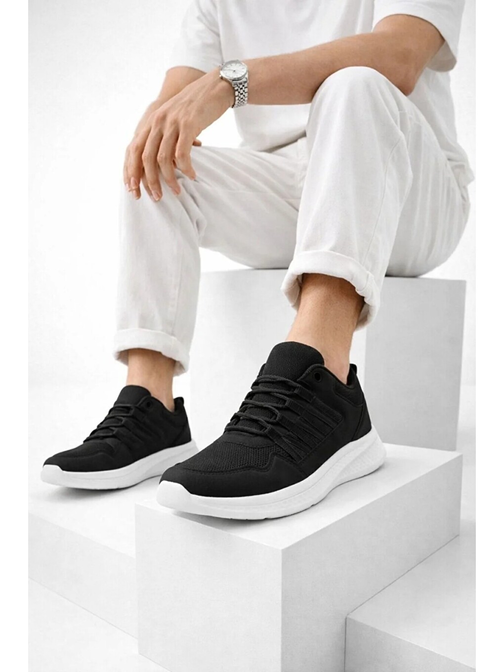 Siyah Erkek Günlük Spor Ayakkabı Hafif Taban Nefes Alabilen Fileli Kaymaz Rahat Sneaker-1
