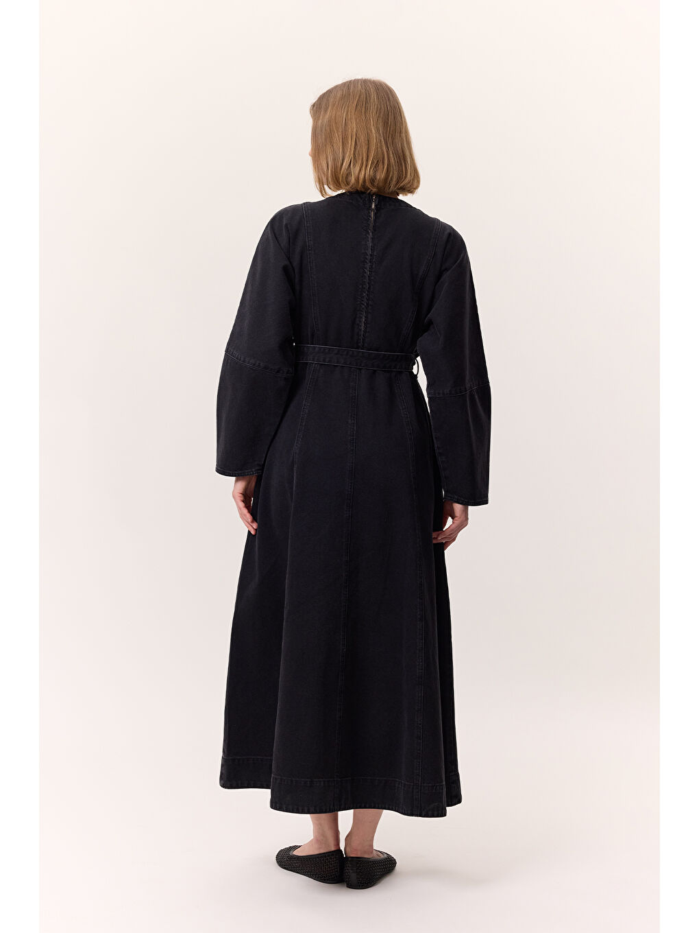 Geniş Kol Kemerli Denım Elbise Siyah-5