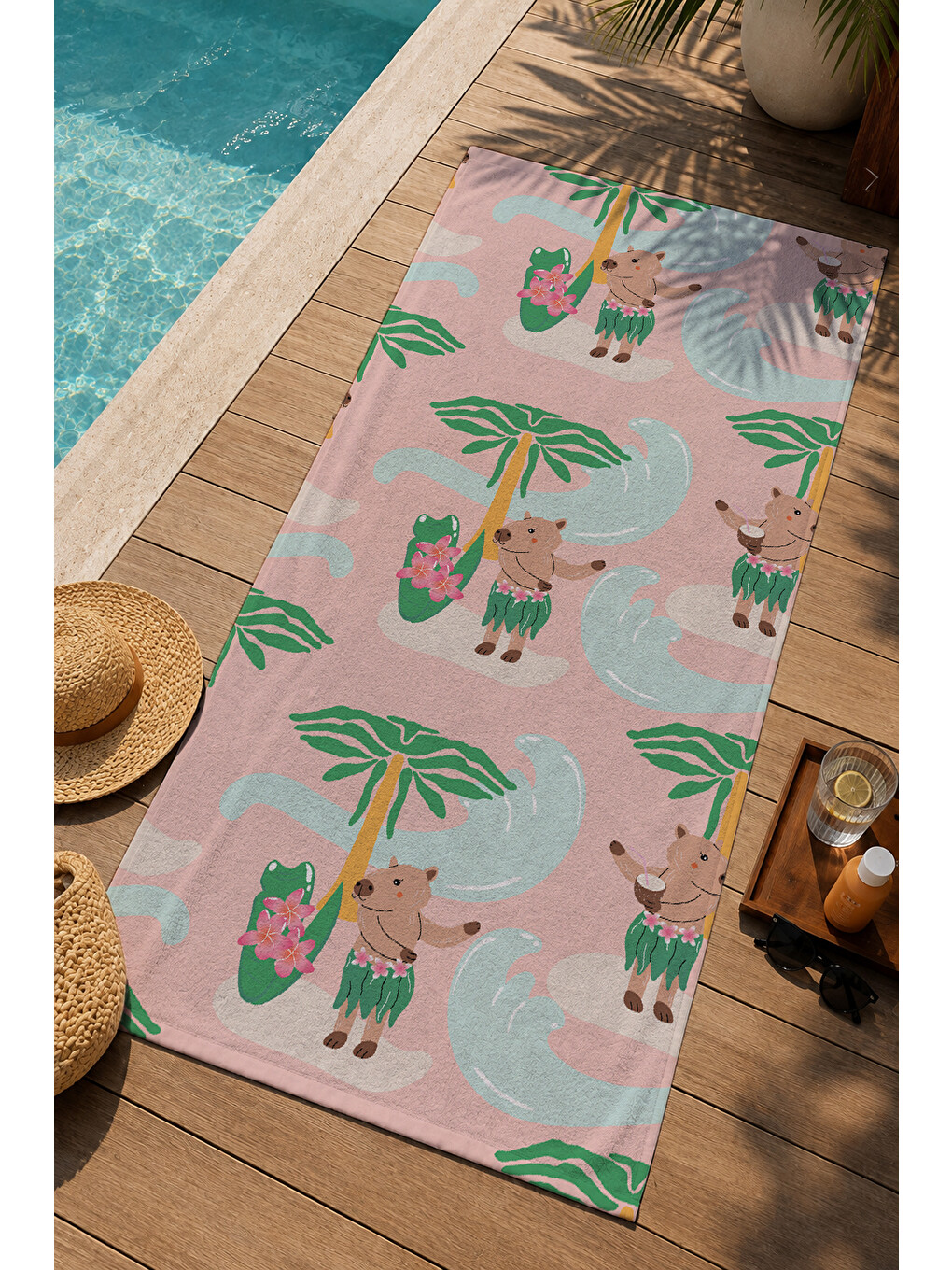 Pembe Tropikal Ve Palmiye Desenli 70x150 Cm Dijital Baskılı Plaj Ve Banyo Havlusu-2
