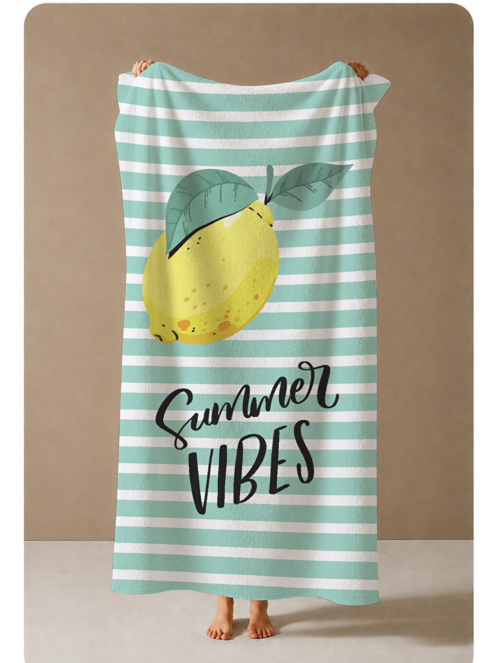 Yeşil Mint Ekose Limon Summer Vibes Yazılı 70x150 Cm Dijital Baskılı Plaj Ve Banyo Havlusu-3