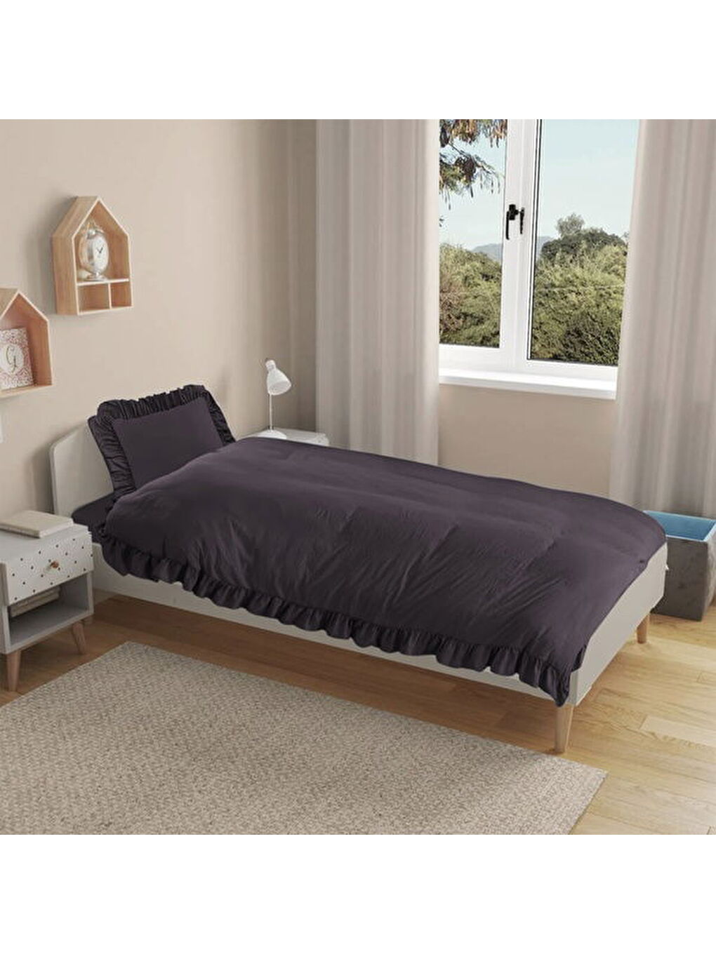 Soft Fırfırlı Tek Kişilik Nevresim Takımı - Antrasit-5