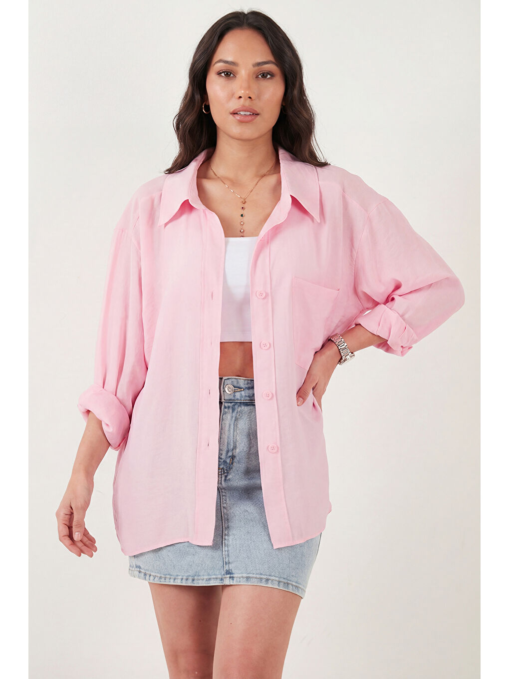 Pembe Modal Oversize Fit Uzun Kollu Kadın Gömlek 6834612-1