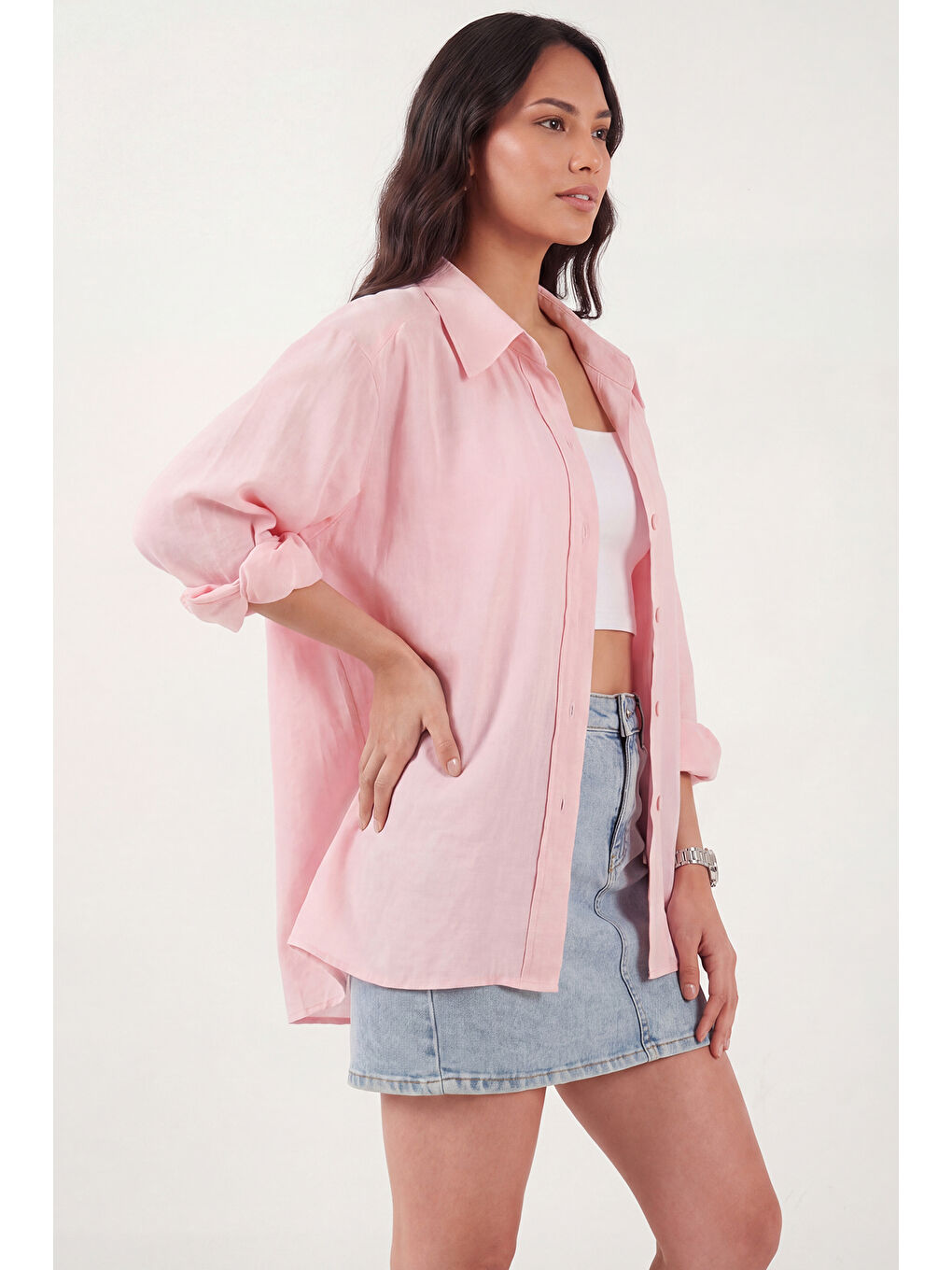 Pembe Modal Oversize Fit Uzun Kollu Kadın Gömlek 6834612-2