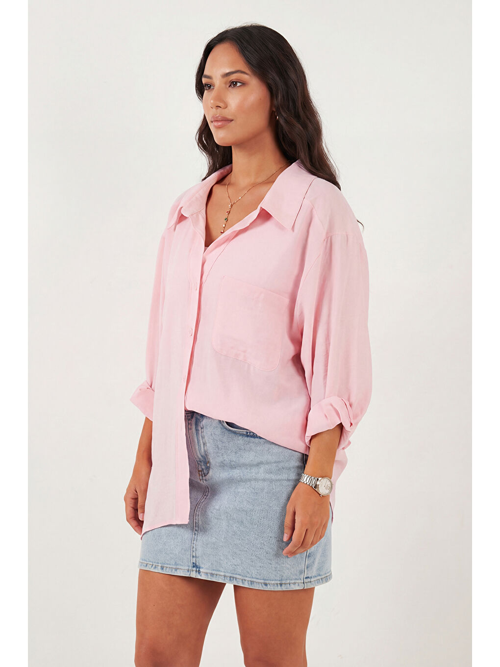 Pembe Modal Oversize Fit Uzun Kollu Kadın Gömlek 6834612-3
