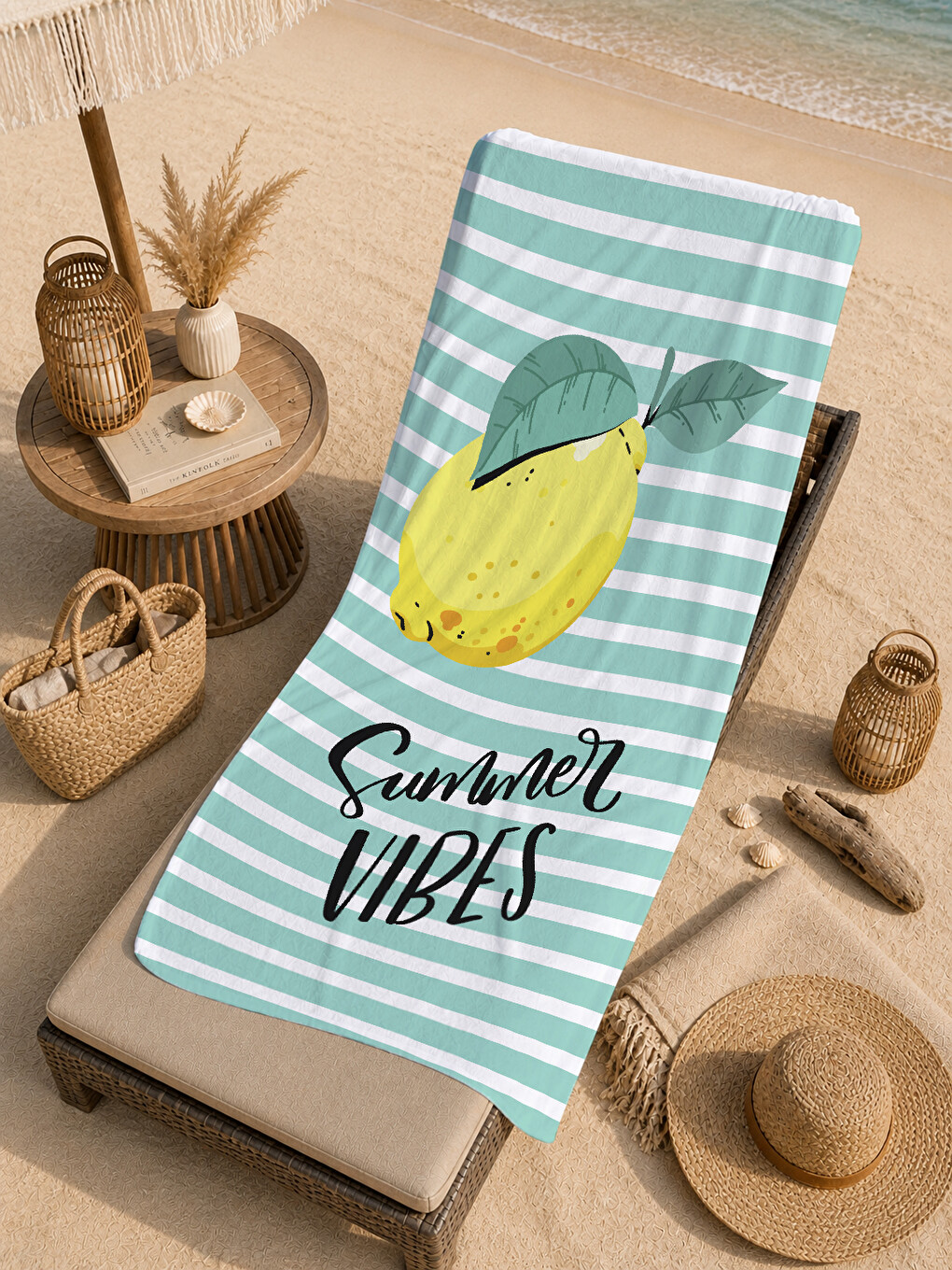 Yeşil Mint Ekose Limon Summer Vibes Yazılı 70x150 Cm Dijital Baskılı Plaj Ve Banyo Havlusu-4