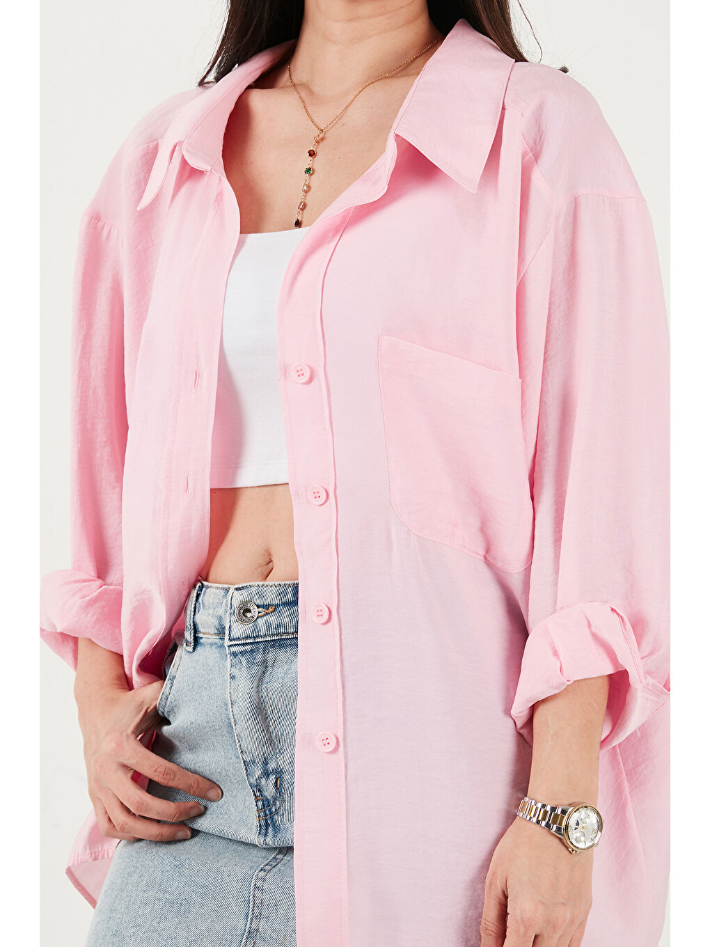 Pembe Modal Oversize Fit Uzun Kollu Kadın Gömlek 6834612-4