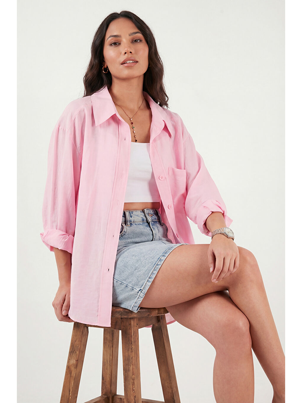 Pembe Modal Oversize Fit Uzun Kollu Kadın Gömlek 6834612-5