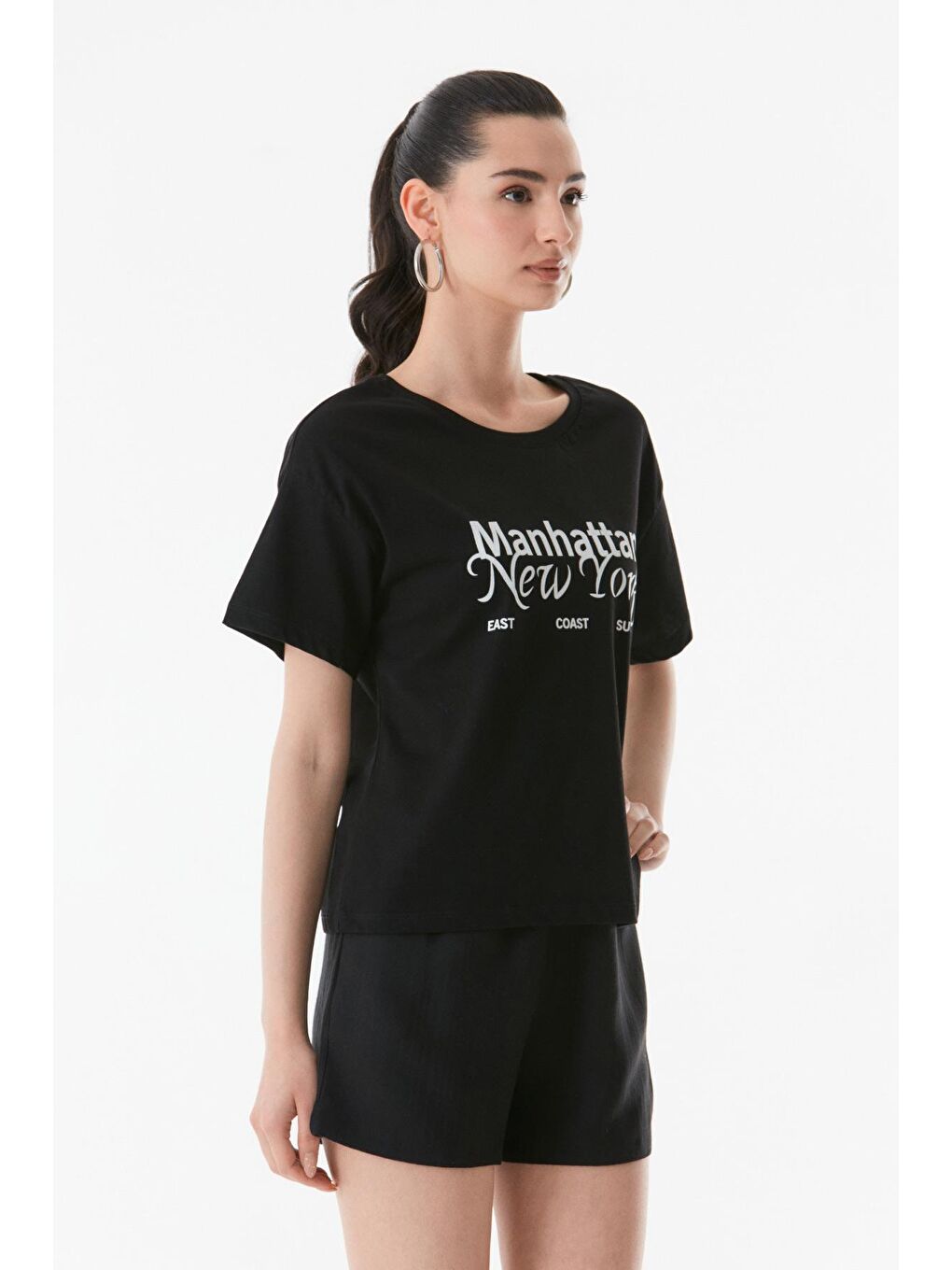 Siyah Manhattan New York Baskılı Bisiklet Yaka Tişört-2