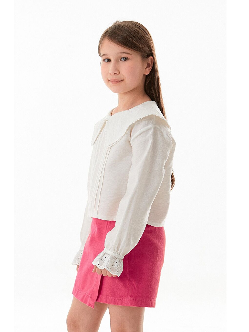 Ekru Kolu Dantel Detaylı Bebe Yaka Kız Çocuk Bluz-2