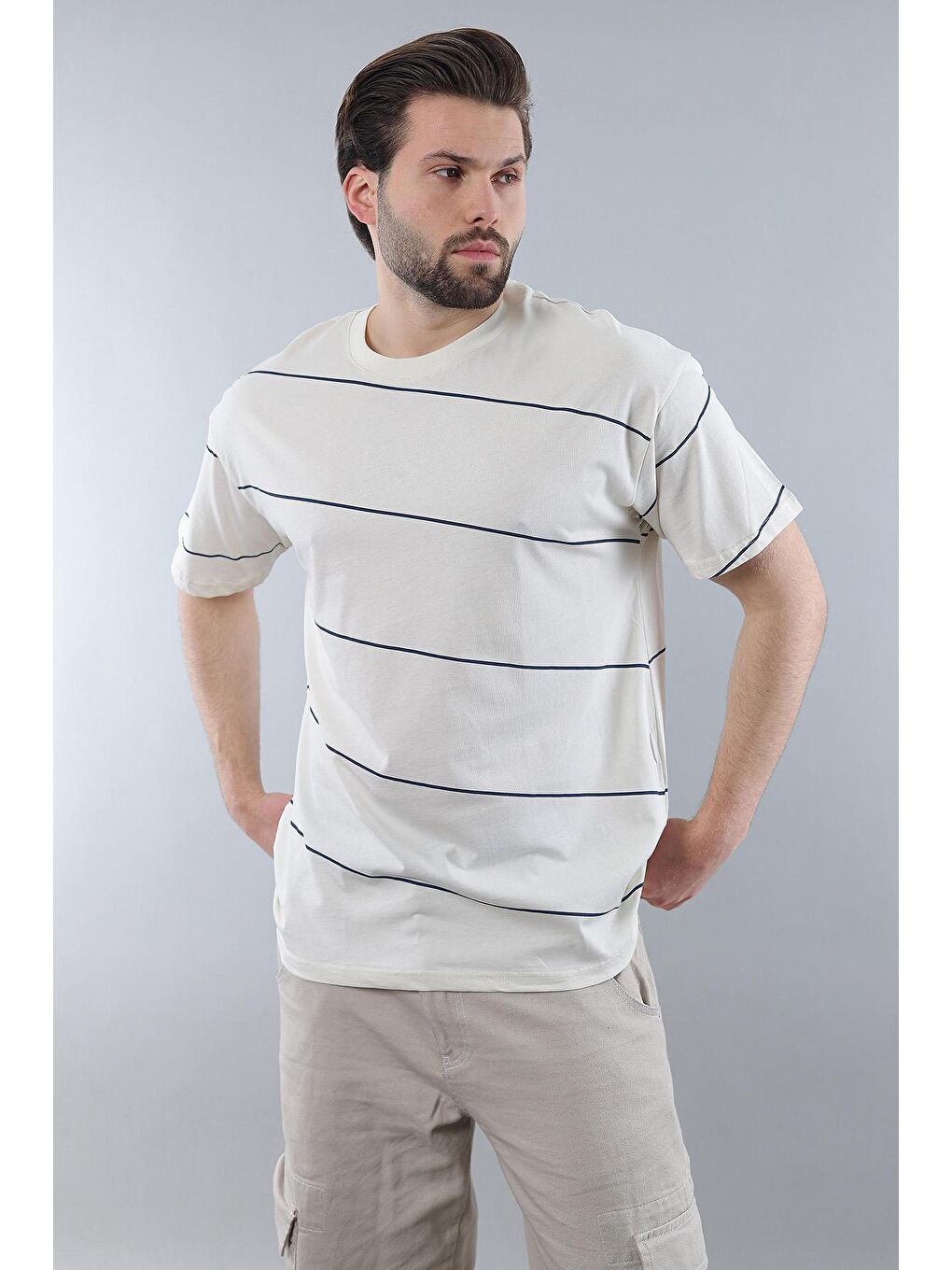 Ekru Bisiklet Yaka Basic Çizgili Erkek %100 Pamuk Tişört E7102-1